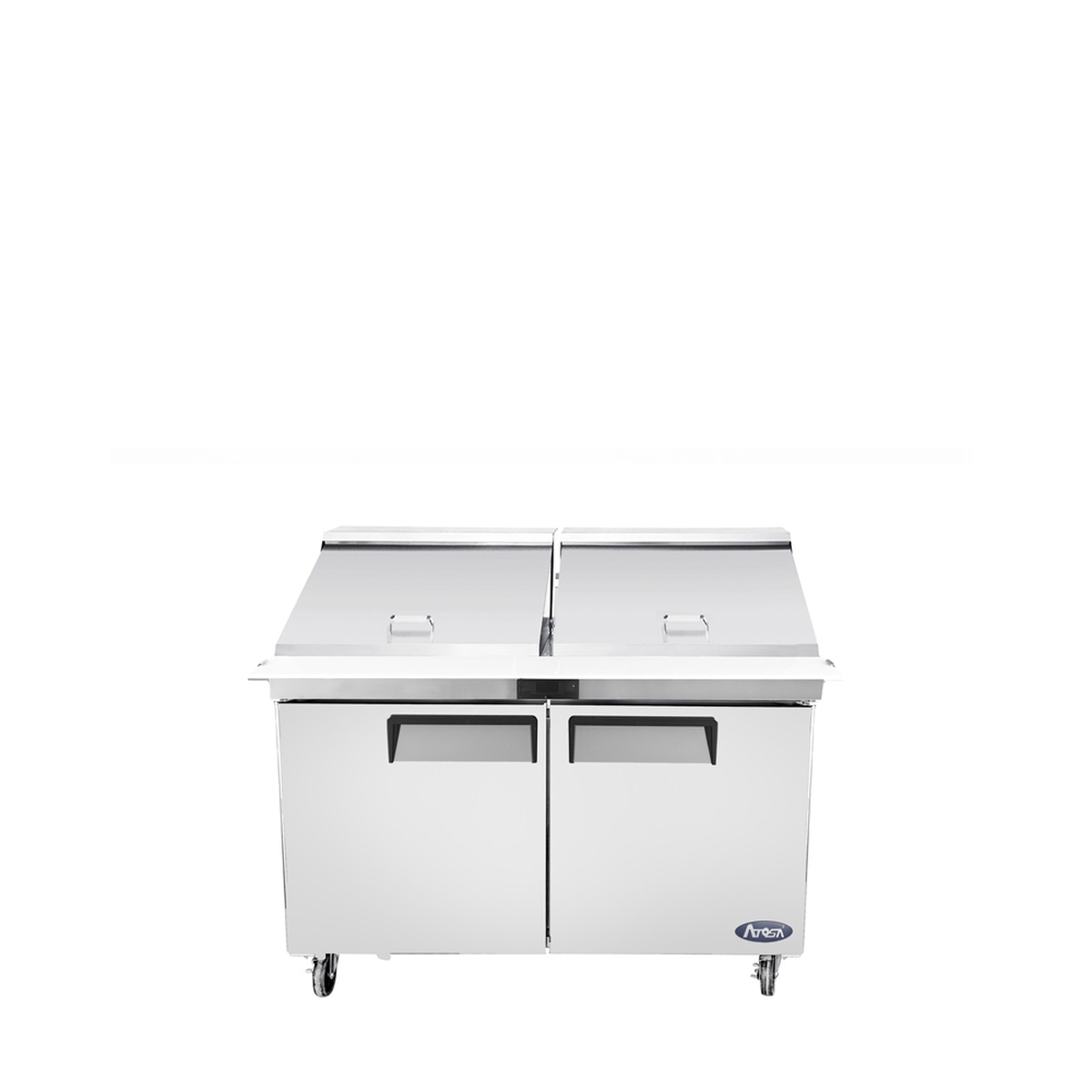 Atosa MSF8307GR 60-inch mega top sandwich prep table, front view with lids closed on casters