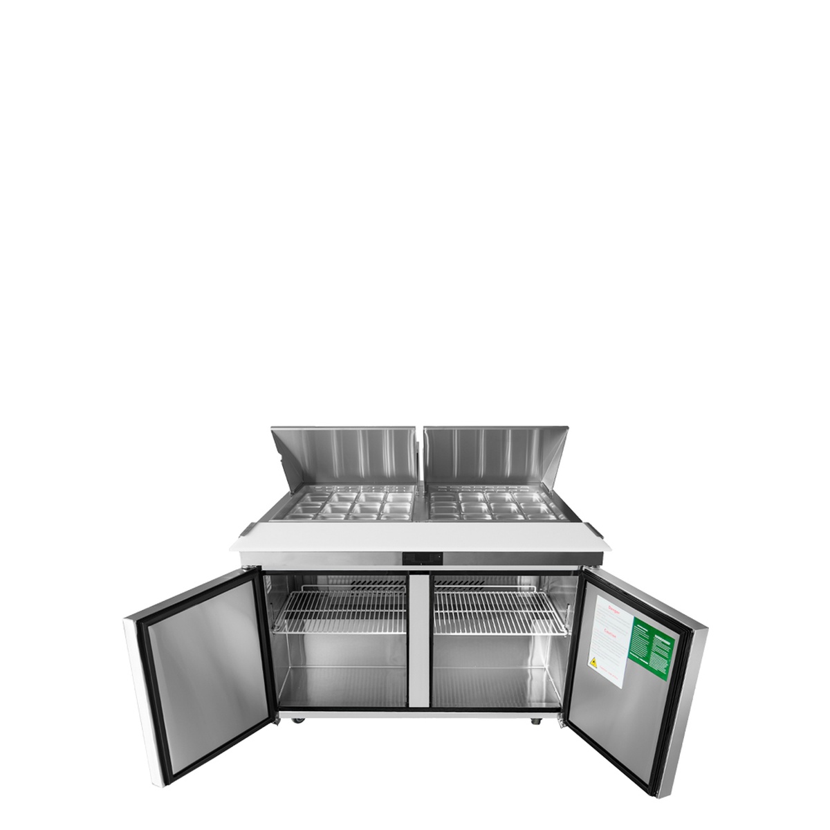 Atosa MSF8307GR sandwich prep table with both doors and lids open showing stainless steel interior shelving and pans