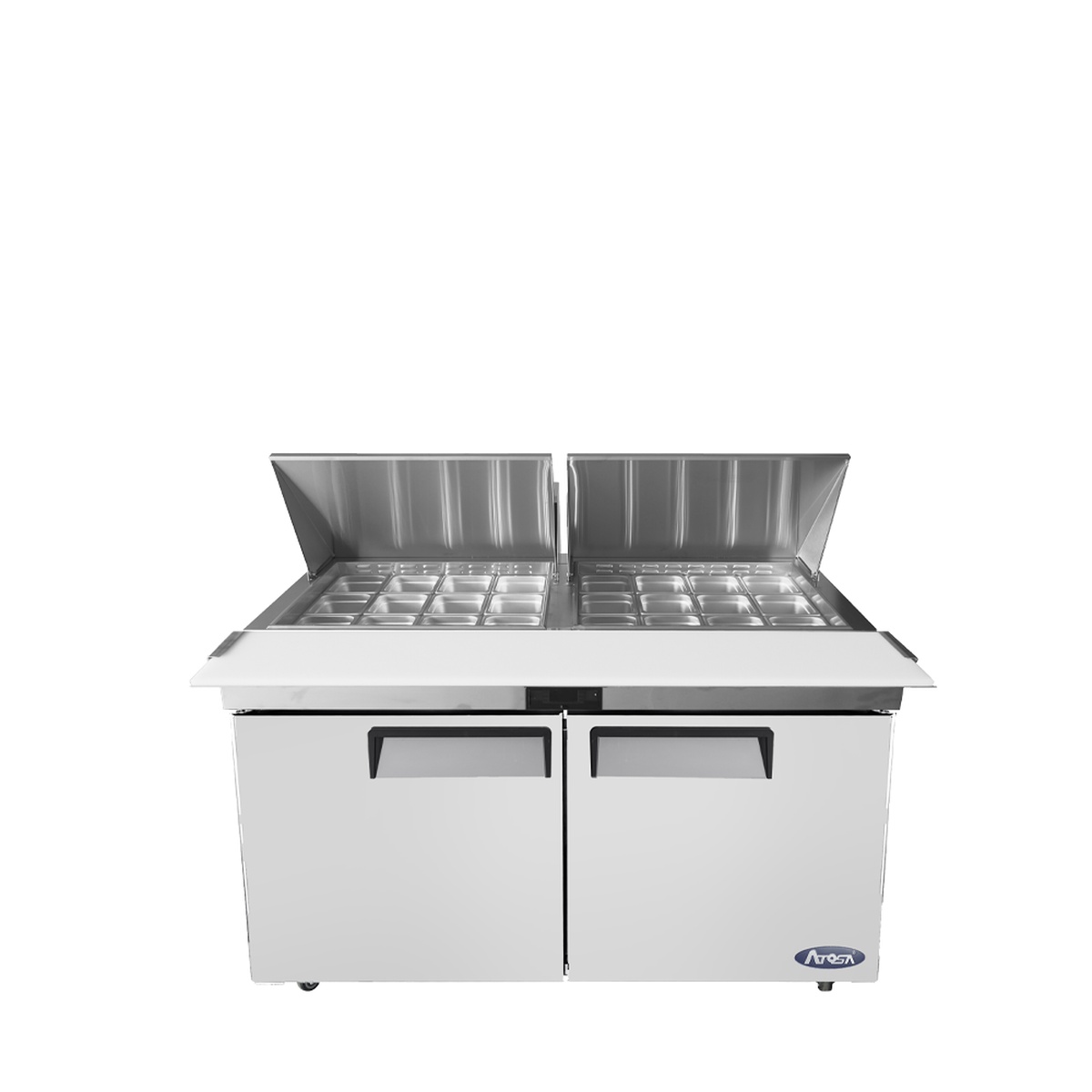 Atosa MSF8307GR mega top prep table with both lids open revealing full array of stainless steel 1/6 pans