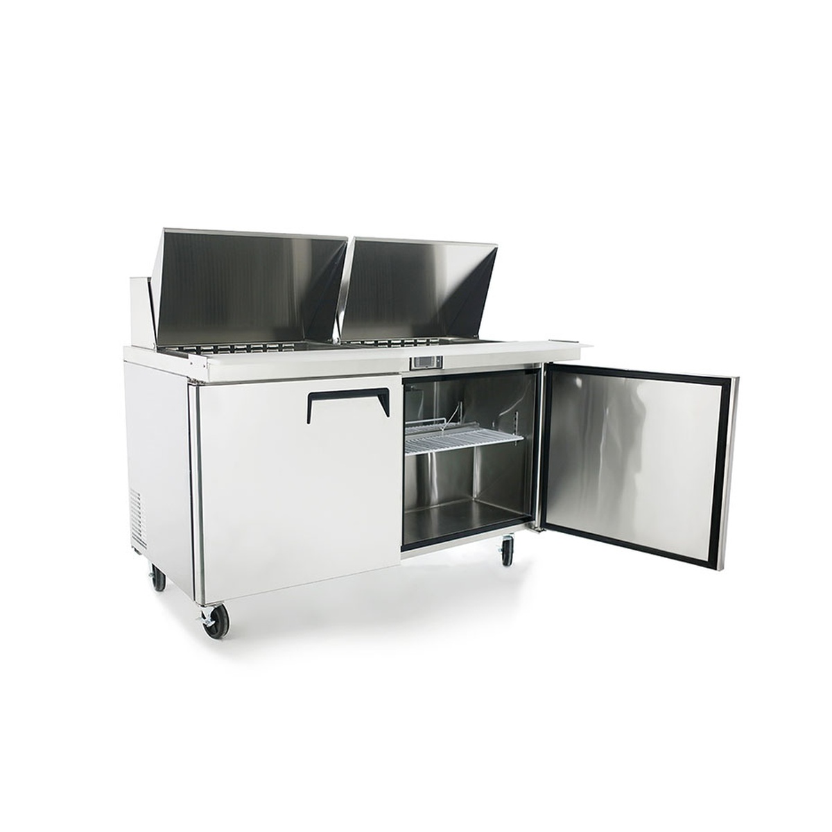 Atosa MSF8307GR mega top prep table at three-quarter angle with one door open showing interior shelf and caster wheels