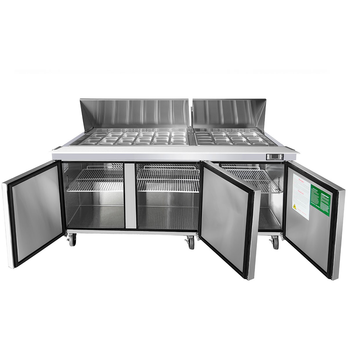 Open Atosa MSF8308GR mega top prep table showing ingredient pan area and refrigerated base compartments