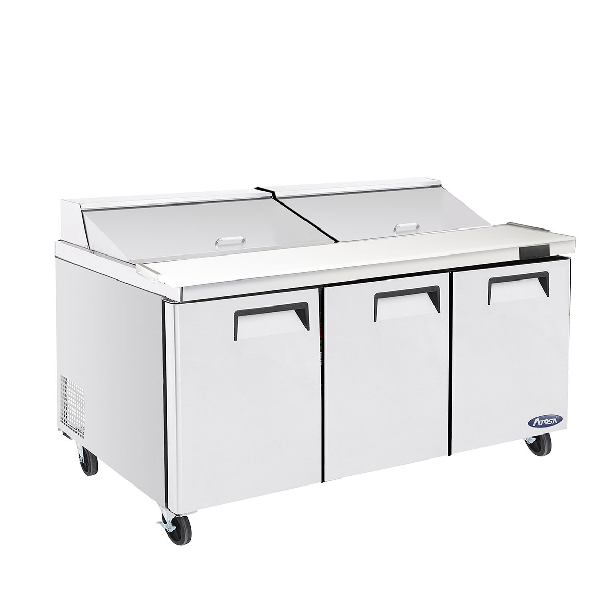 Angled view of Atosa MSF8308GR stainless steel mega top prep table with three-door base