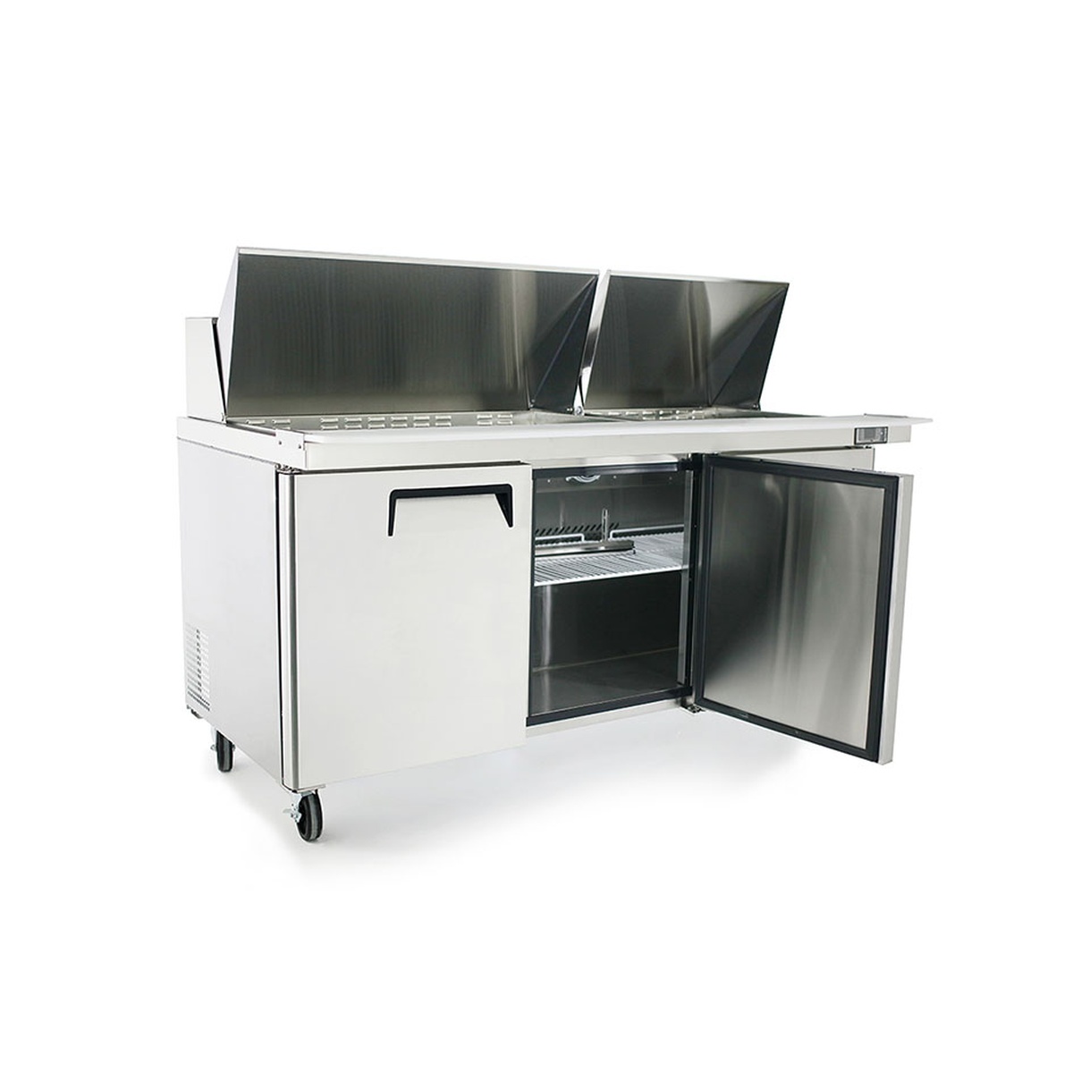 Side angle view of Atosa MSF8308GR prep table with raised mega top lid and base door open