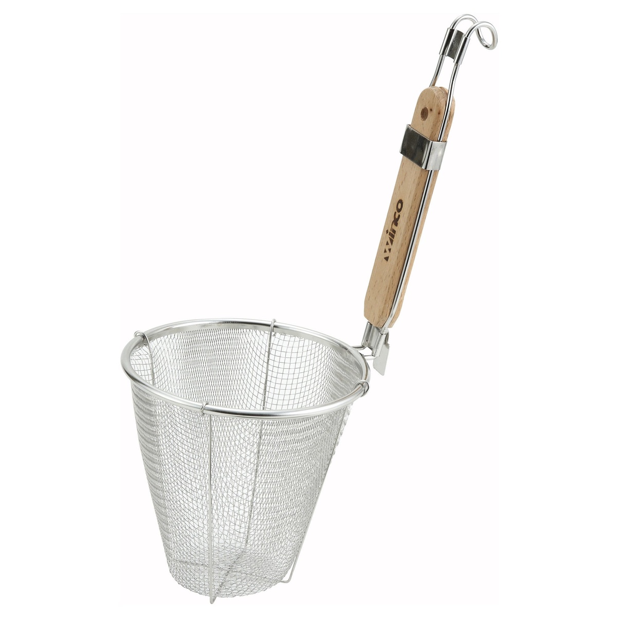 Winco MSH-5 5-1/2 inch single mesh deep bowl stainless steel strainer with wood handle and hanging hook