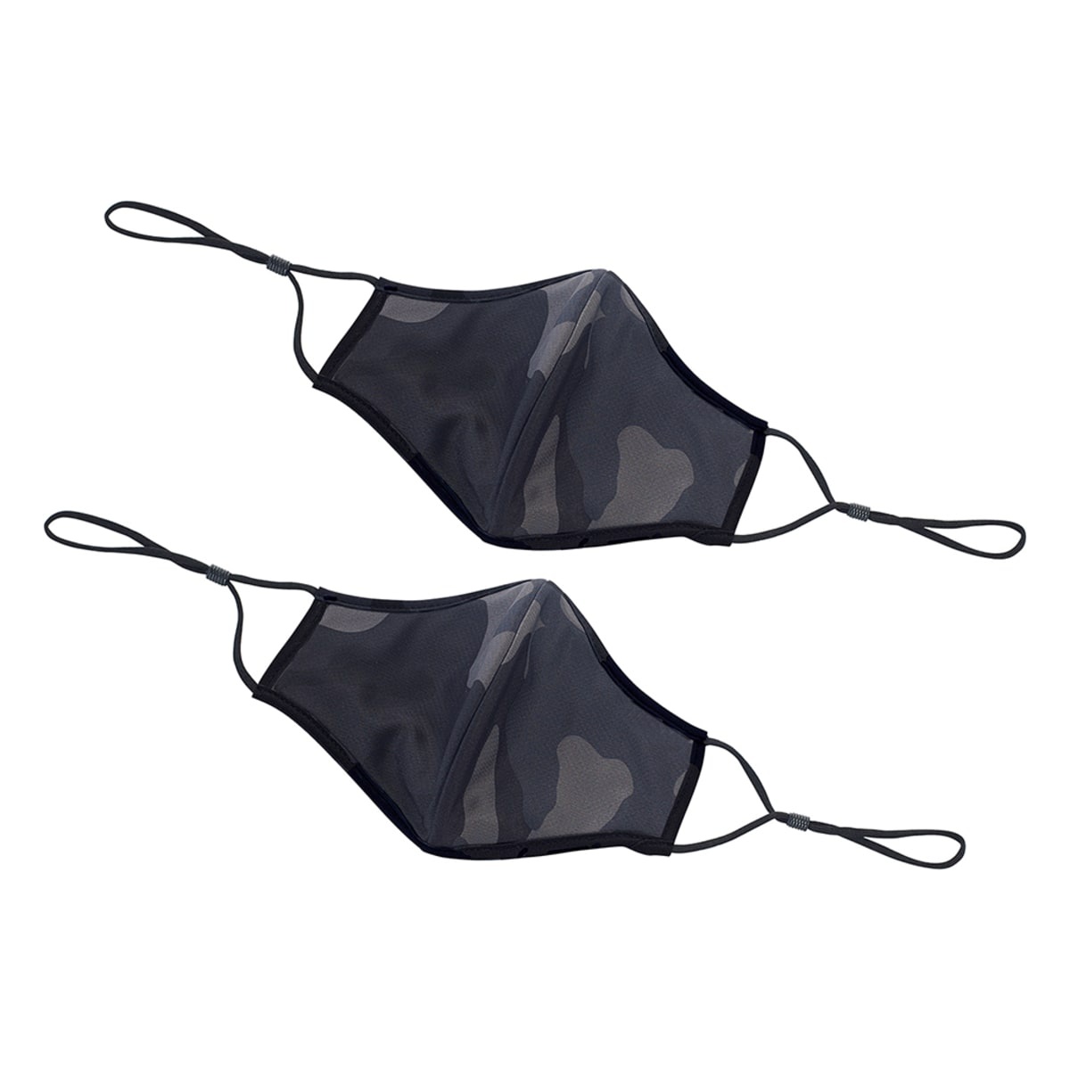 Two Winco camo pattern face masks with adjustable ear loops