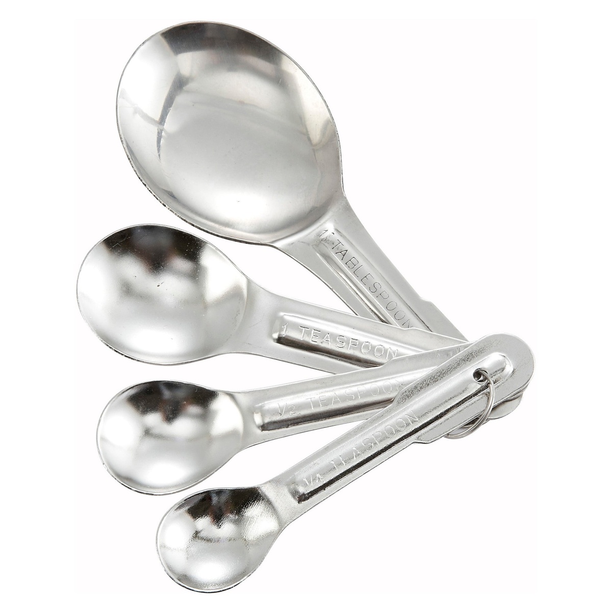 Winco MSP-4P four-piece stainless steel measuring spoon set fanned out showing 1/4 tsp, 1/2 tsp, 1 tsp, and 1 tbsp with stamped handle markings