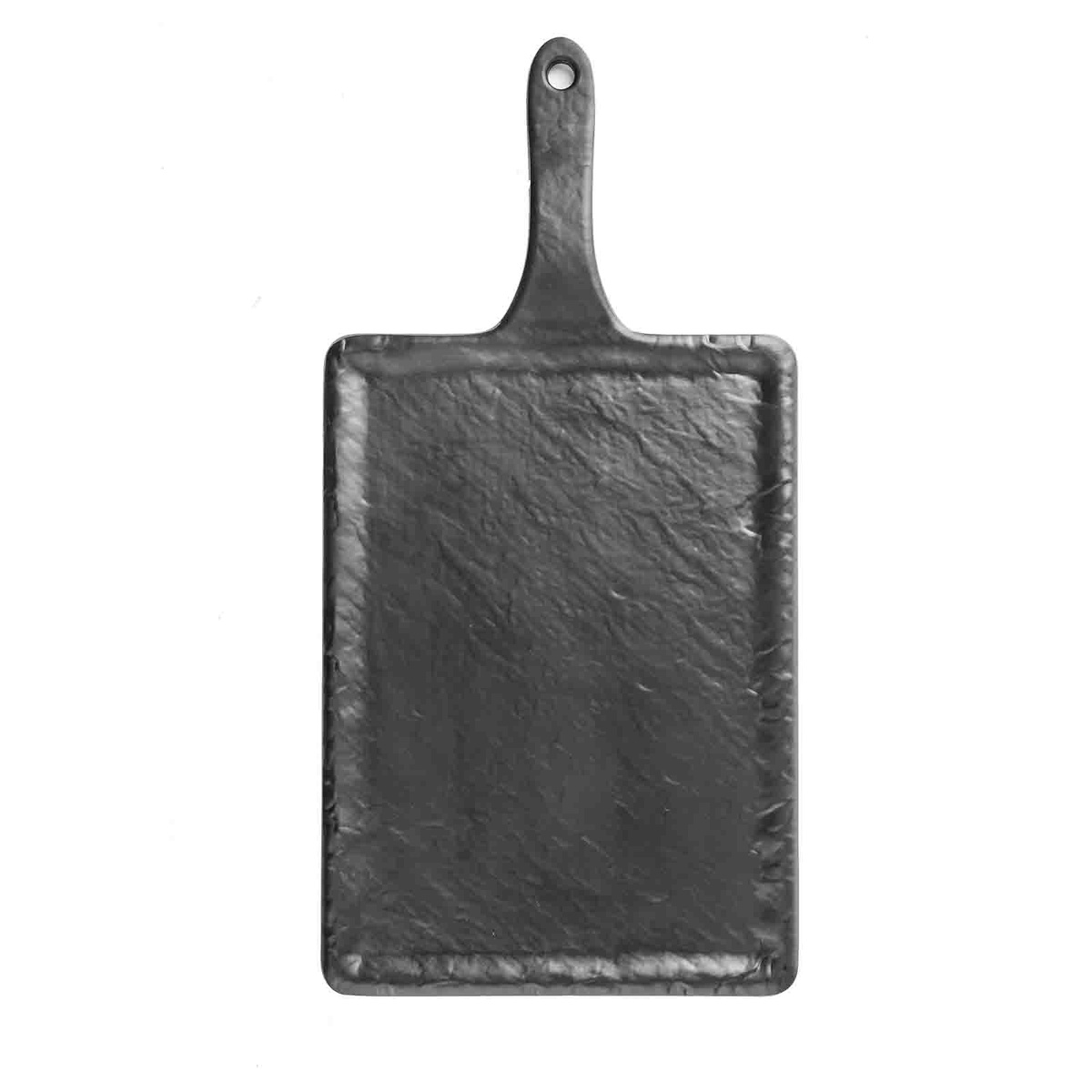 TableCraft MSP3618 Frostone Rectangular Faux Slate Melamine Serving Paddle with offset handle, matte black texture, viewed from above