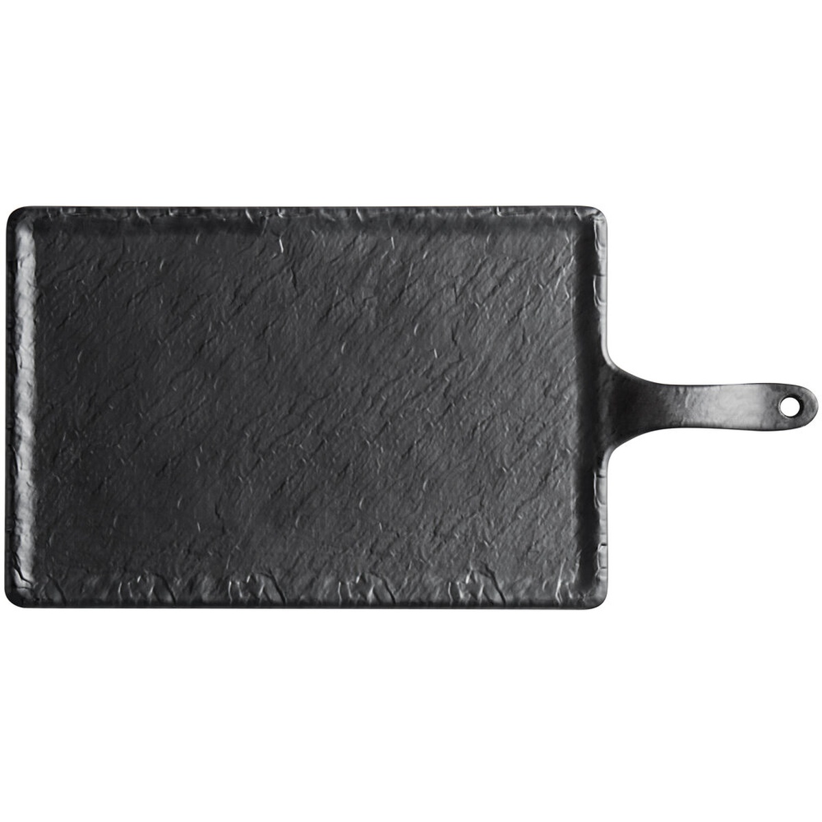 TableCraft MSP4520 rectangular black faux slate melamine serving paddle with offset handle, top-down view