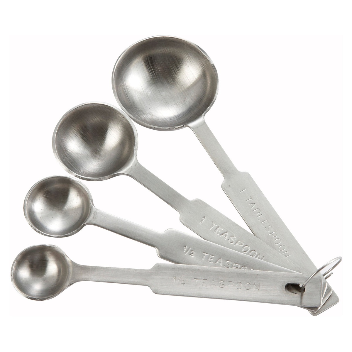 Winco MSPD-4X 4-piece stainless steel deluxe measuring spoon set showing all four spoons fanned out with engraved measurement markings