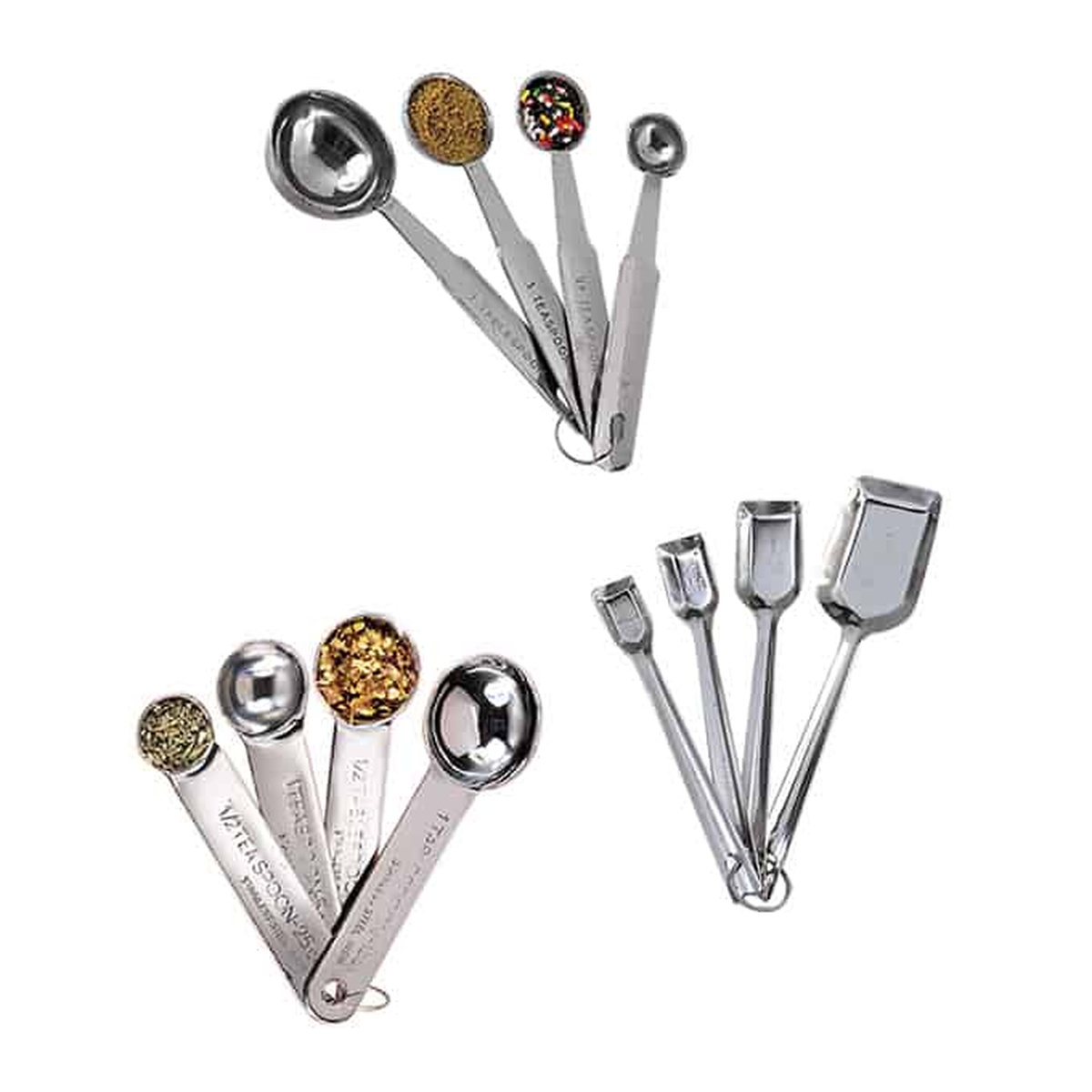 American Metalcraft MSSS73 stainless steel measuring spoon set showing square shovel style and round style spoons on white background