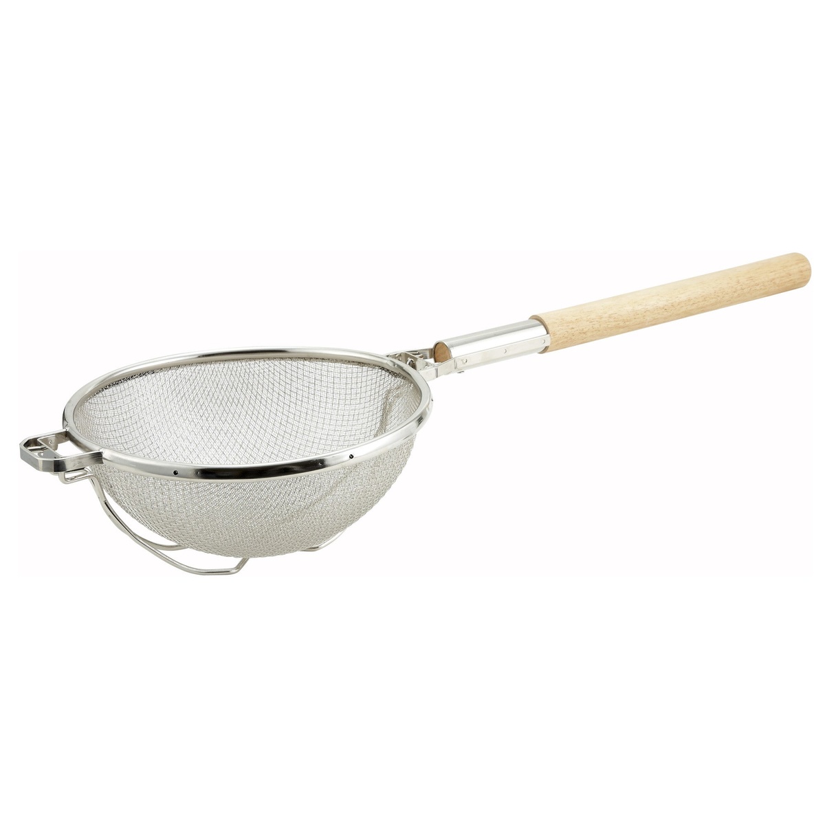 Winco MST-1010D 10-1/2 inch double fine mesh strainer with nickel-plated ring and wood handle