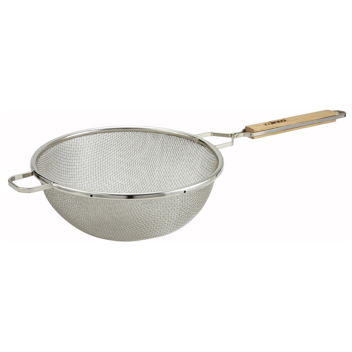 Winco MST-10D 10-1/2 inch round double medium mesh strainer with wood handle on white background