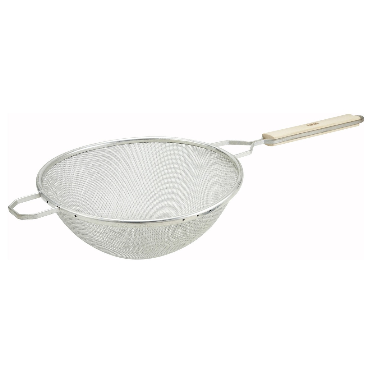 Winco MST-10S 10-1/2 inch medium single mesh strainer with nickel-plated round bowl and natural wood handle