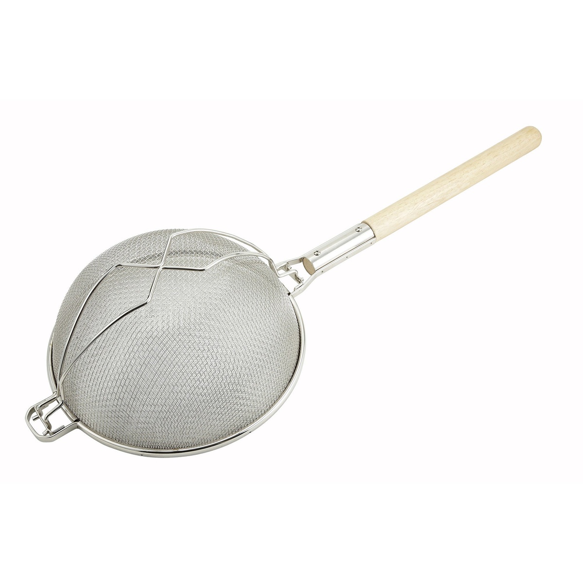 Winco MST-14D 14-inch double mesh strainer with nickel-plated bowl and rounded wood handle