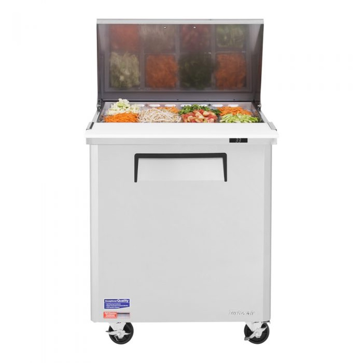 Front view of Turbo Air MST-28-12-N refrigerated prep table with single door