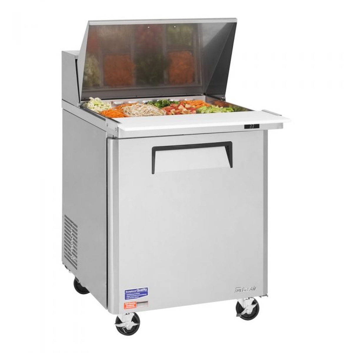 Angled view of Turbo Air MST-28-12-N sandwich prep table with casters