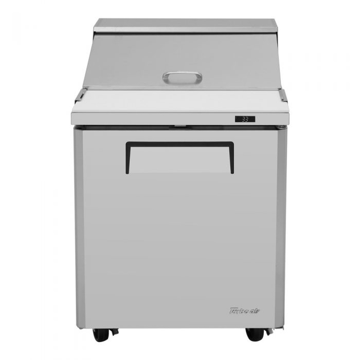 Front view of Turbo Air MST-28-N refrigerated prep table with pan cover closed