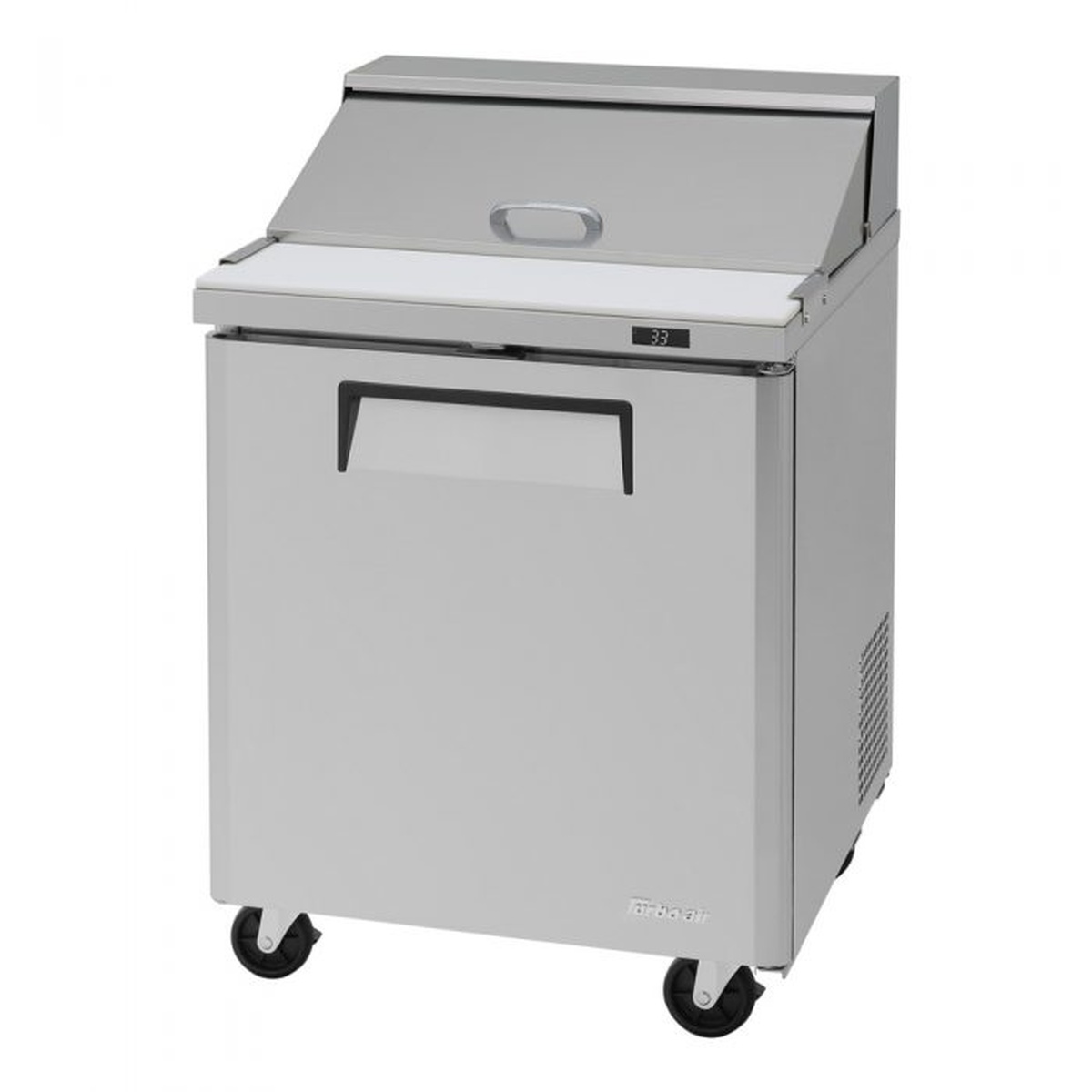 Turbo Air MST-28-N sandwich prep table with pan cover closed and cutting board visible