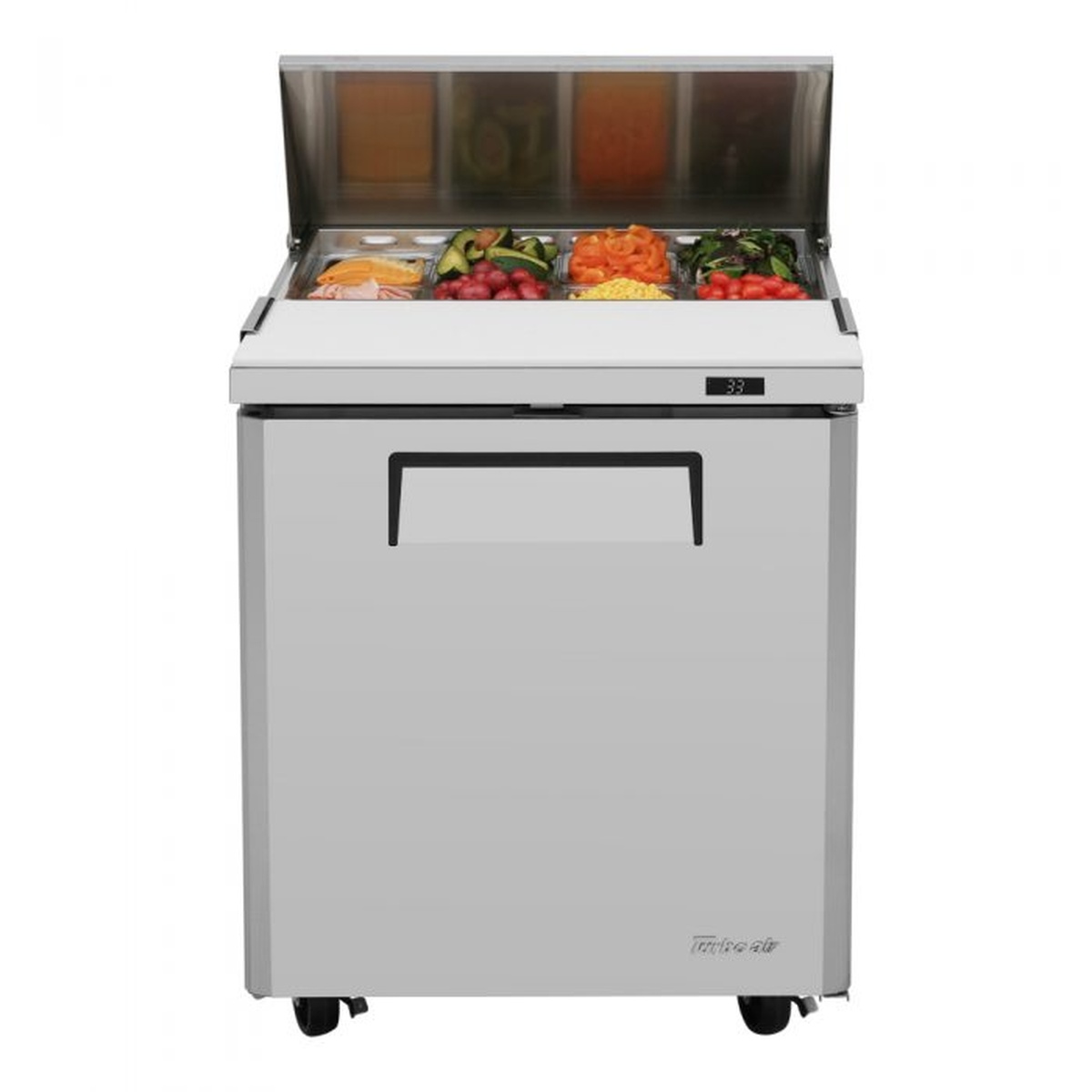 Front view of Turbo Air MST-28-N prep table with ingredient pans and digital display