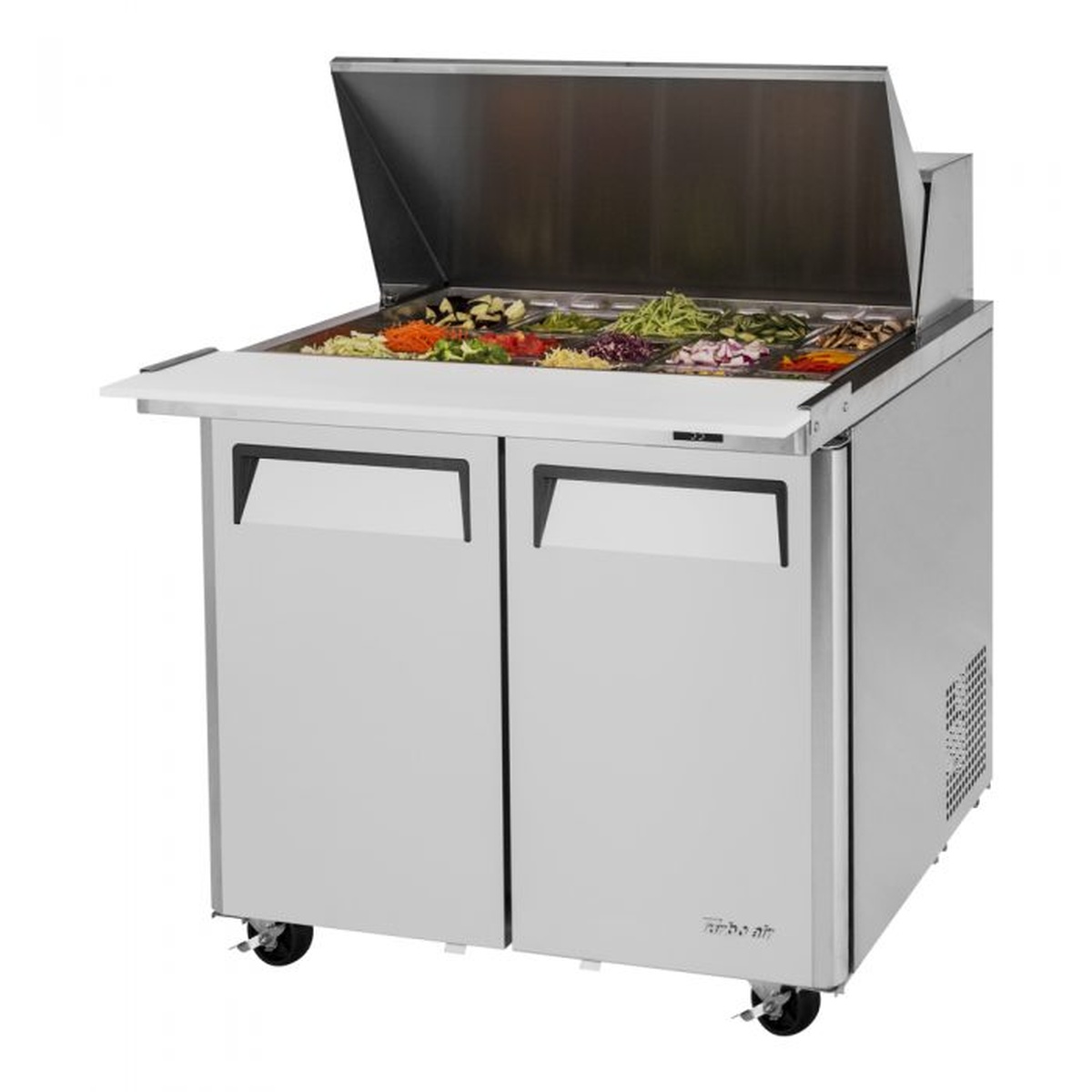 Turbo Air MST-36-15-N6 mega top prep table with open pan area and cutting board