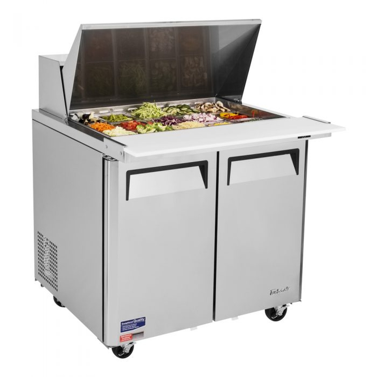 Angled view of Turbo Air MST-36-15-N6 prep table showing pan opening and cutting board