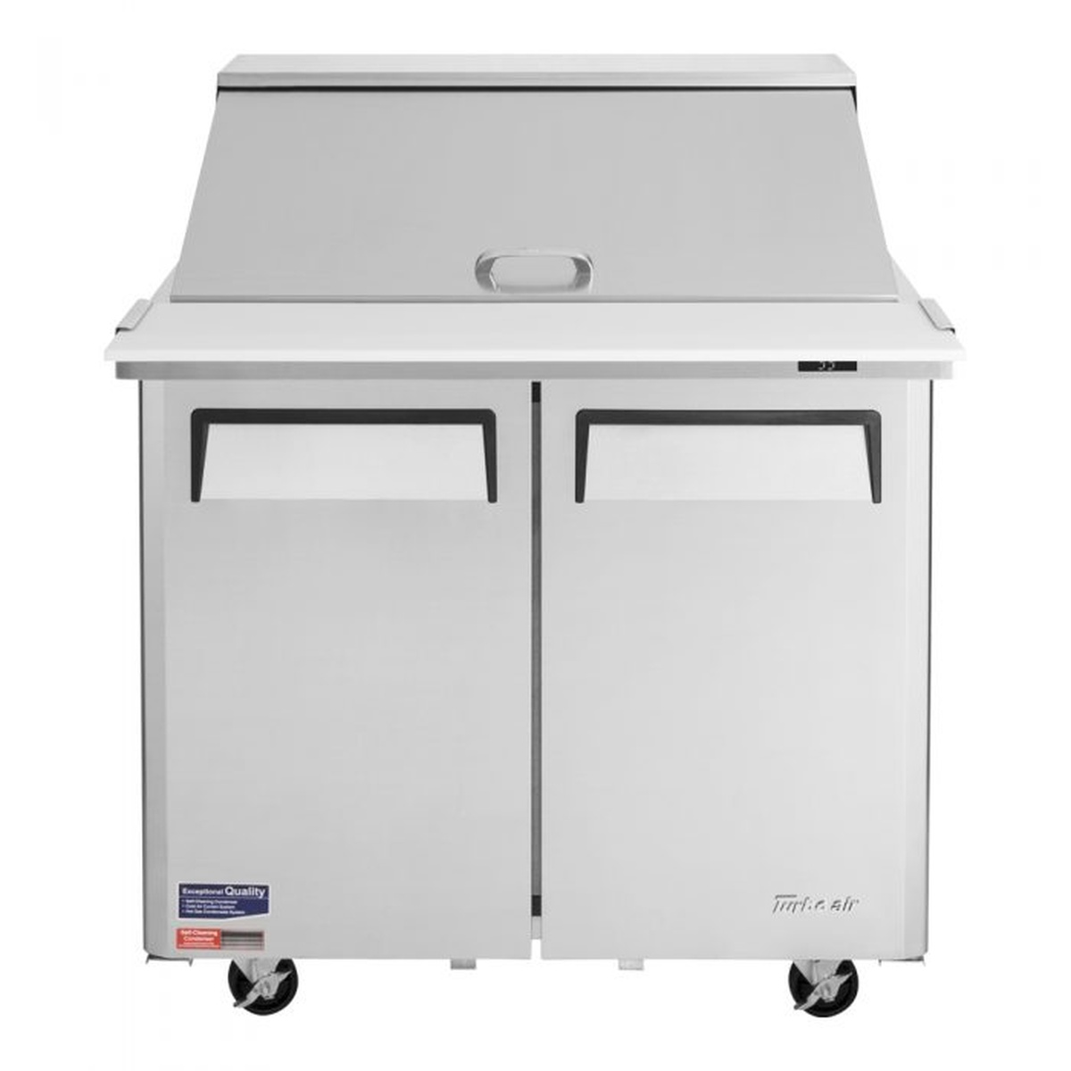 Front view of Turbo Air MST-36-15-N6 prep table with closed top cover and two doors