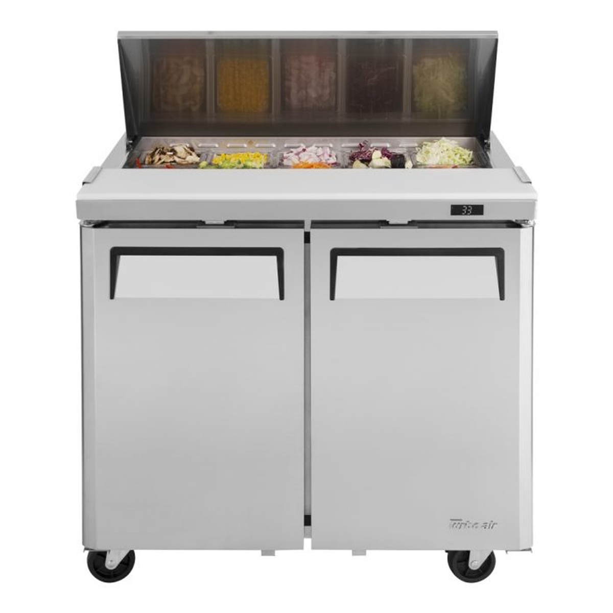 Front view of Turbo Air MST-36-N6 two-door refrigerated prep table