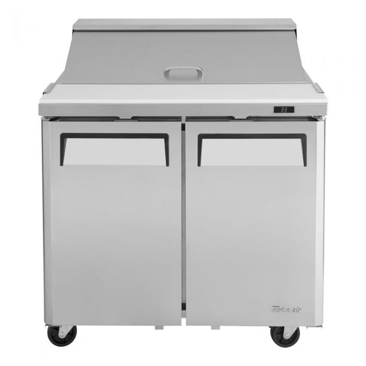 Front view of Turbo Air MST-36-N6 refrigerated prep table with cover closed