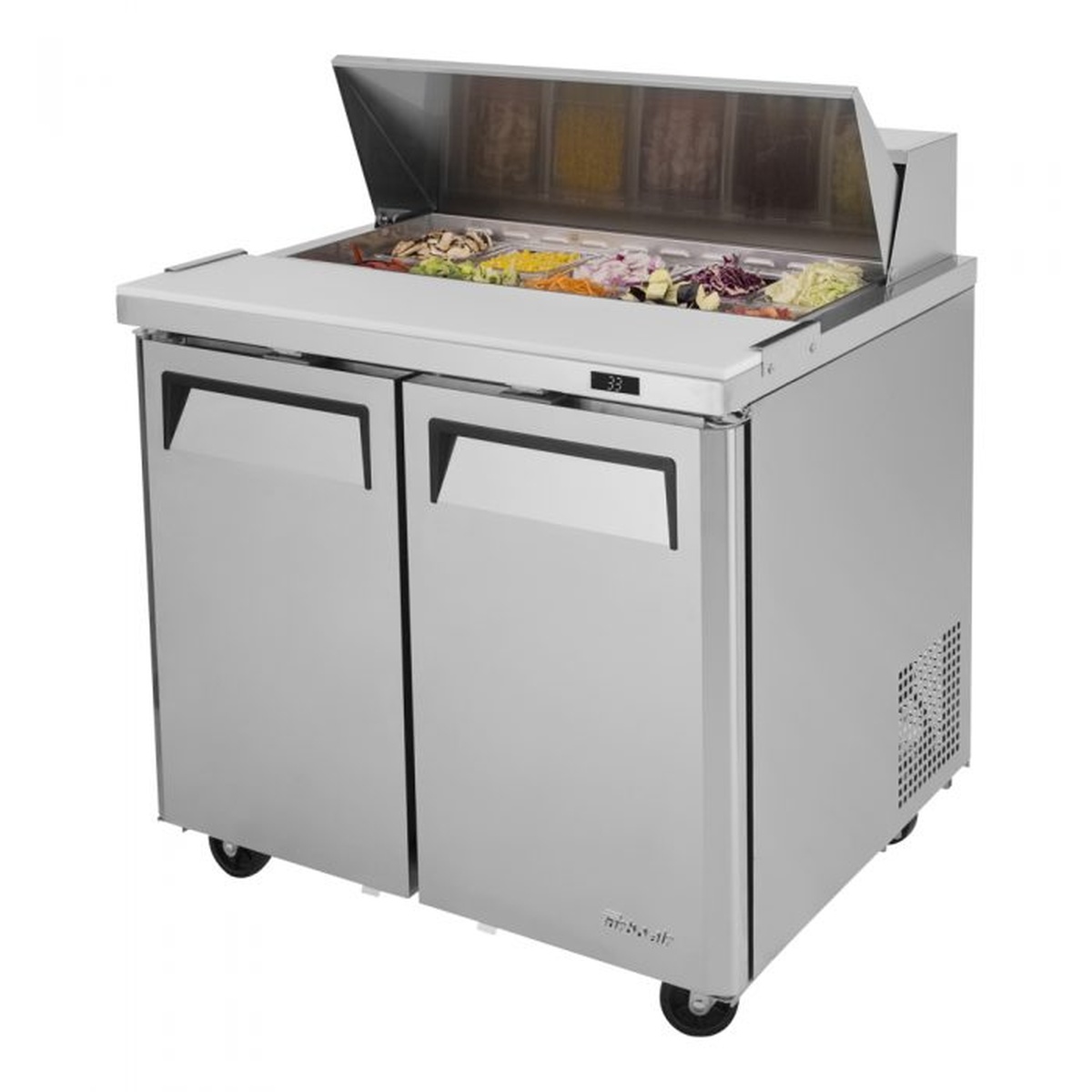 Turbo Air MST-36-N6 refrigerated sandwich prep table with lid open and ingredient pans