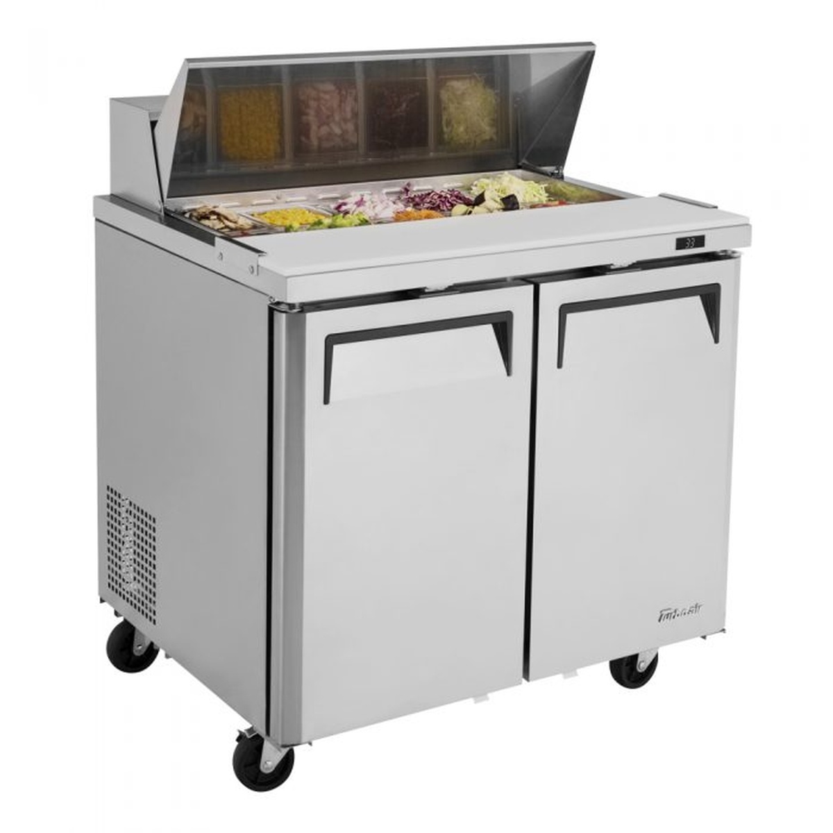Angled view of Turbo Air MST-36-N6 prep table showing pan rail and casters