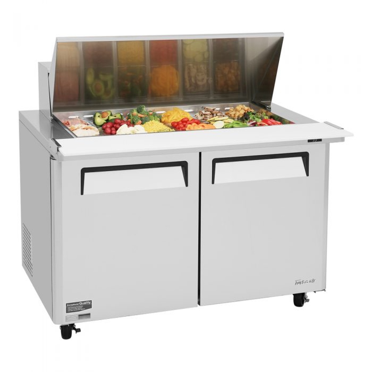 Angled view of Turbo Air MST-48-18-N two door refrigerated prep table