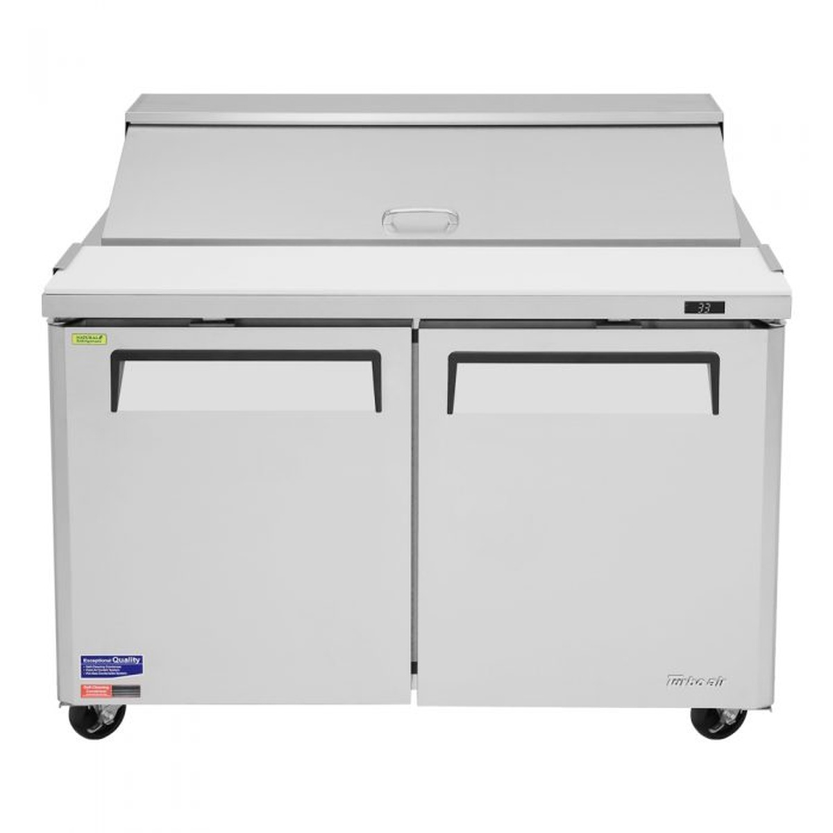 Front view of Turbo Air MST-48-N prep table with pan cover closed and two solid doors