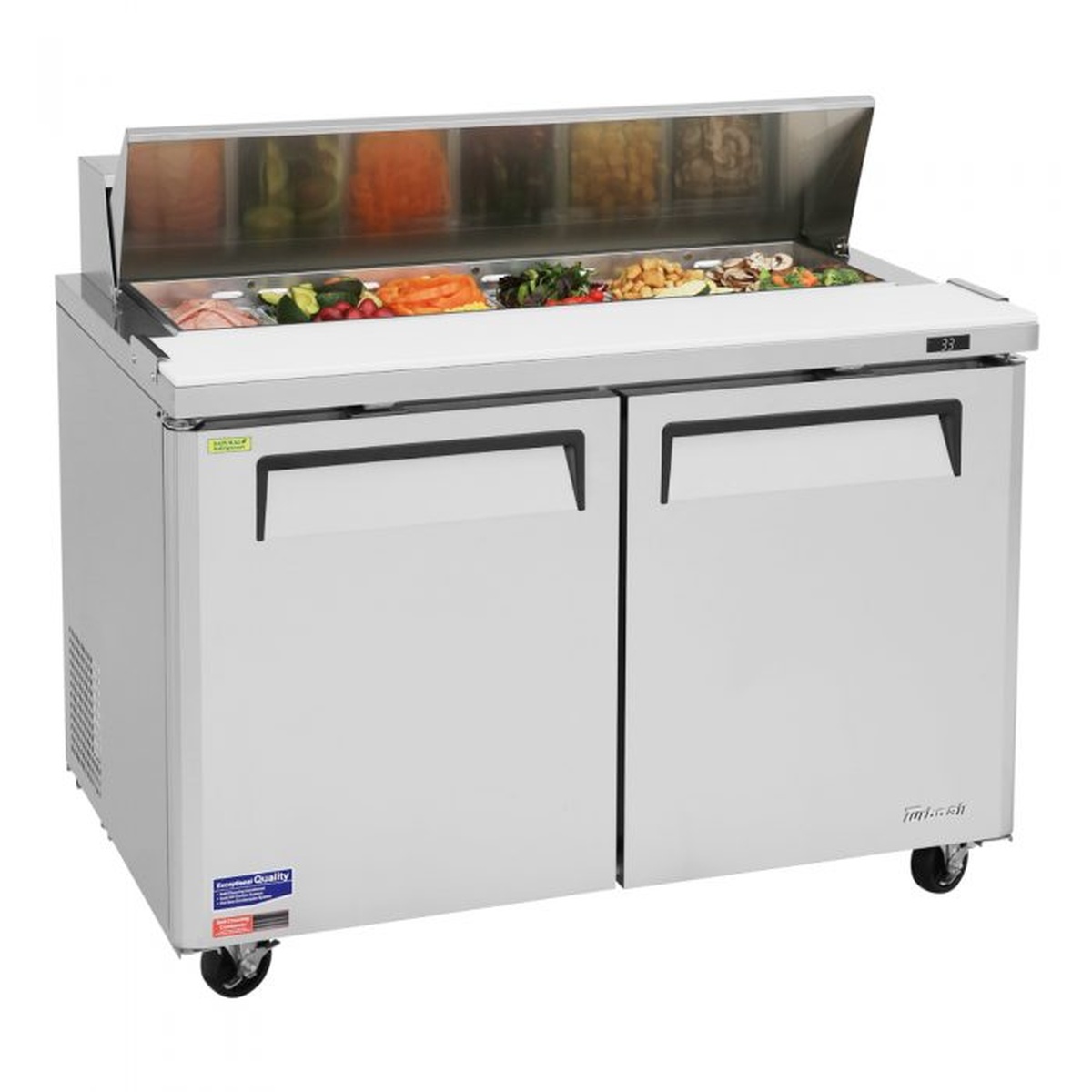 Angled view of Turbo Air MST-48-N sandwich prep table showing pan rail and recessed door handles