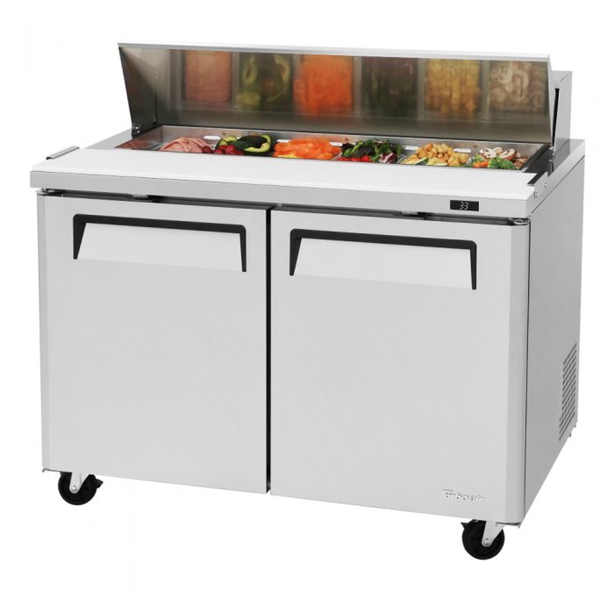 Turbo Air MST-48-N prep table on casters with refrigerated ingredient rail and two-door base