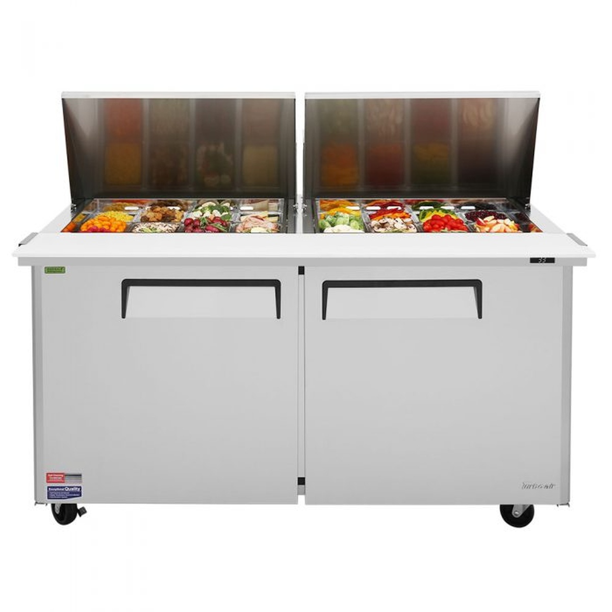 Front view of Turbo Air MST-60-24-N two door sandwich prep table with mega top pan rail