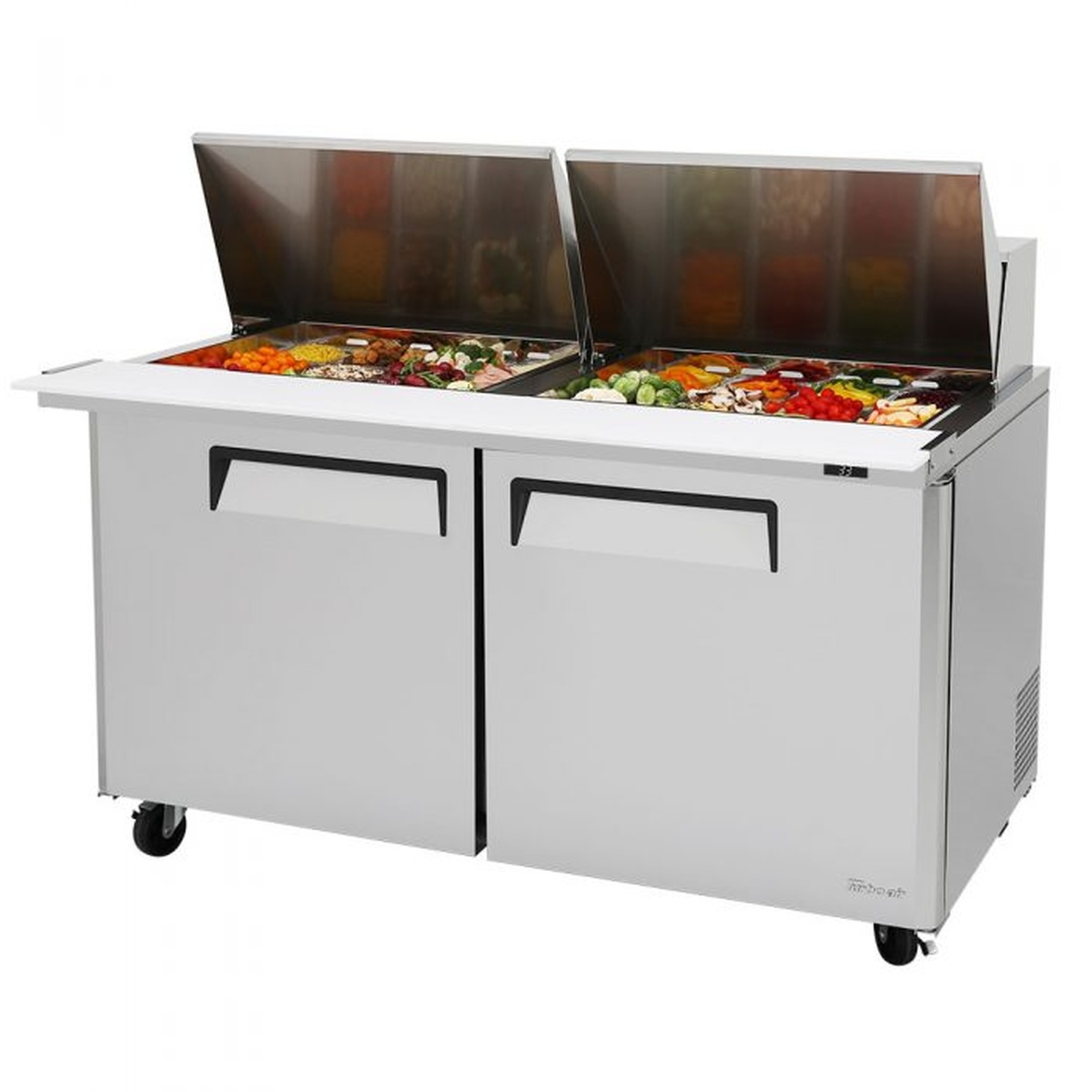 Turbo Air MST-60-24-N mega top prep table with open pan covers and ingredient pan rails