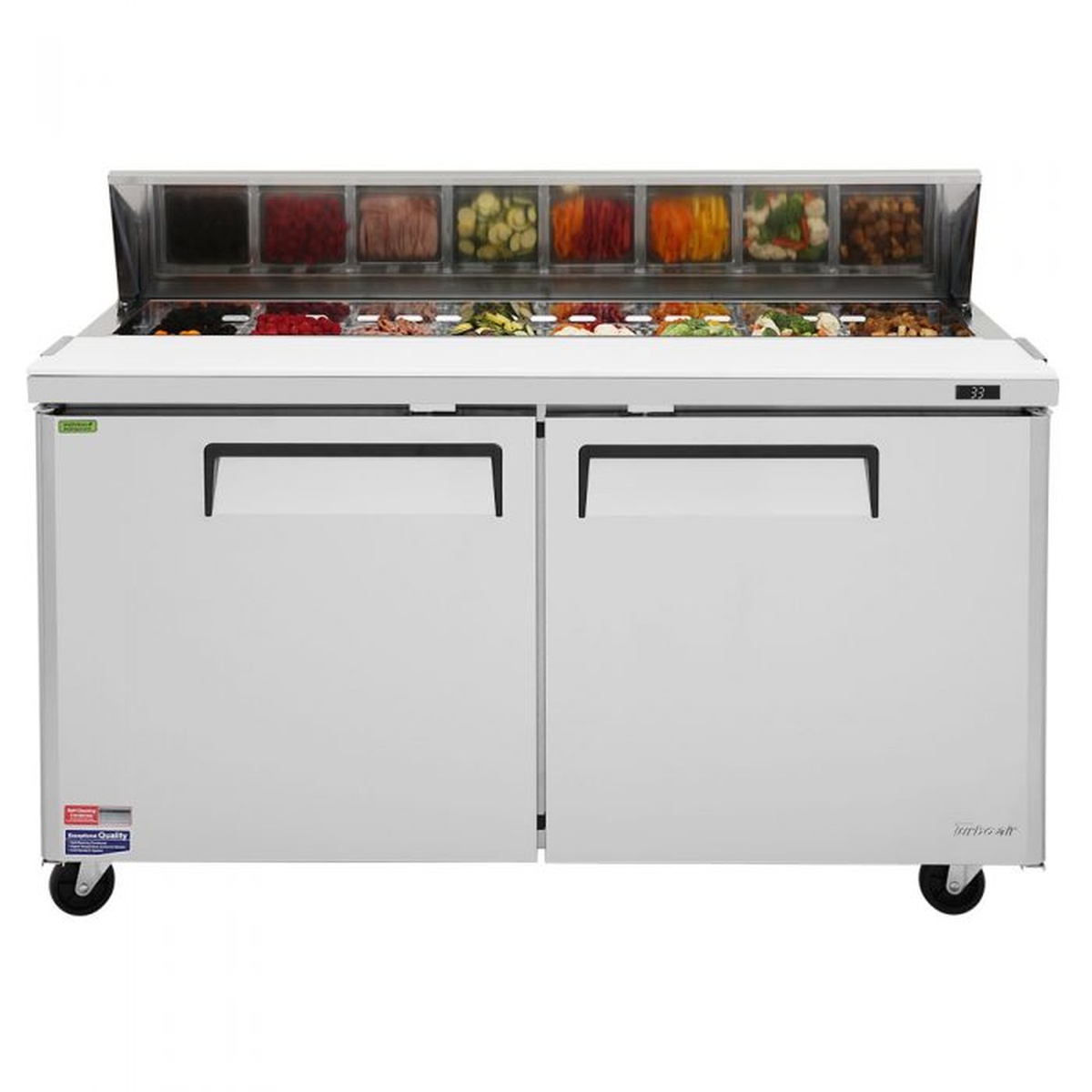 Front view of Turbo Air MST-60-N prep table with digital temperature display
