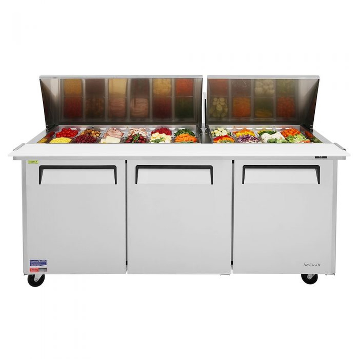 Front view of Turbo Air MST-72-30-N three door prep table with mega top