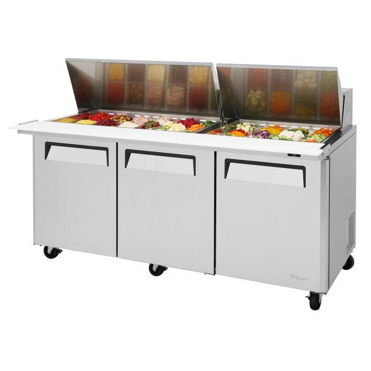 Turbo Air MST-72-30-N sandwich prep table with mega top pans open