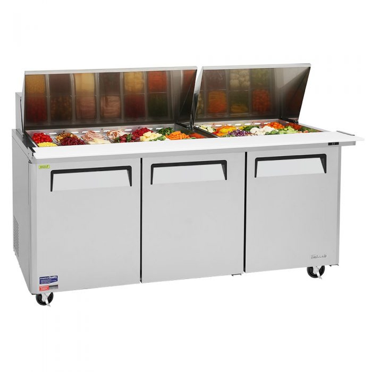 Angled view of Turbo Air MST-72-30-N refrigerated sandwich prep table