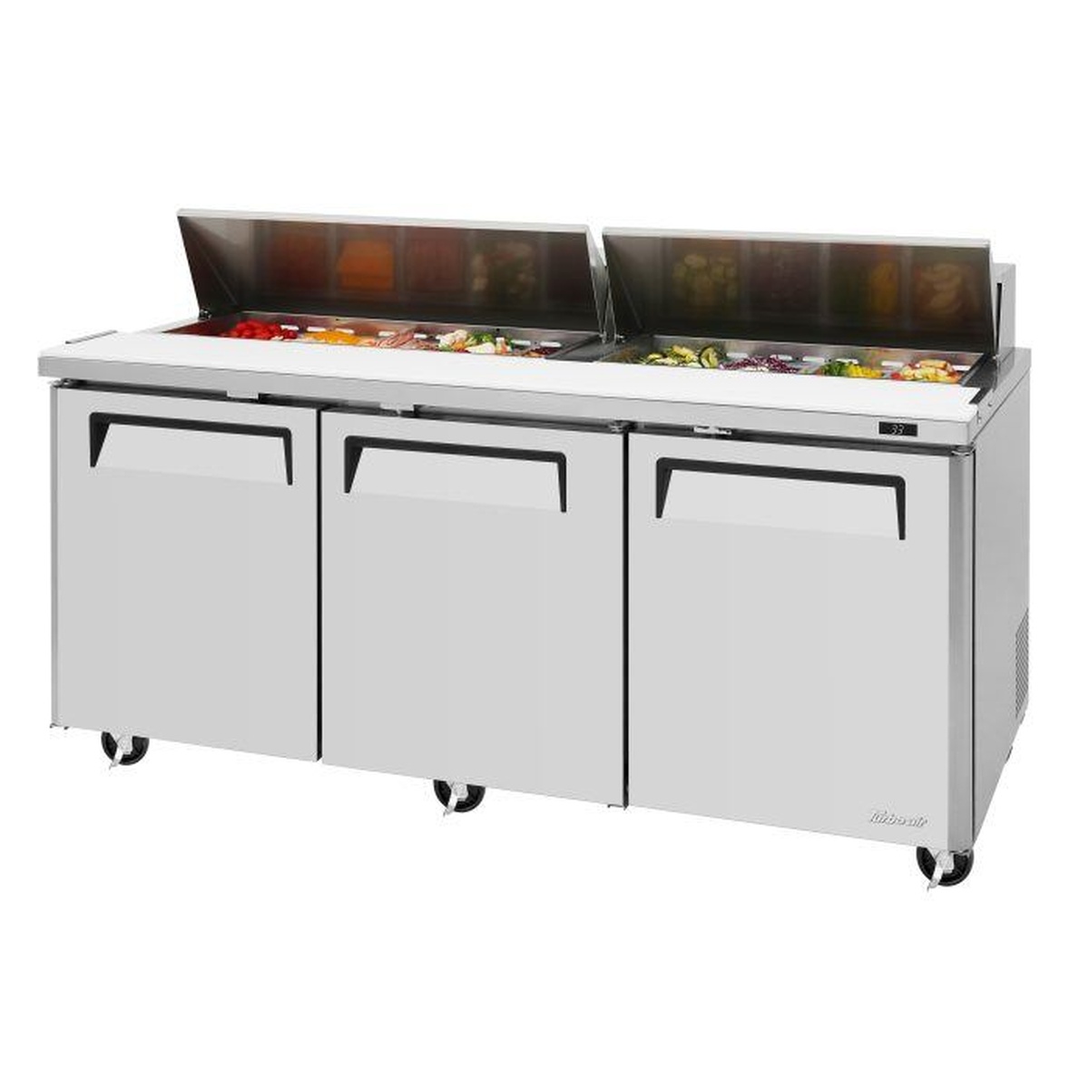 Turbo Air MST-72-N three-door sandwich and salad prep table with open insulated lids revealing 18-pan top opening loaded with fresh ingredients