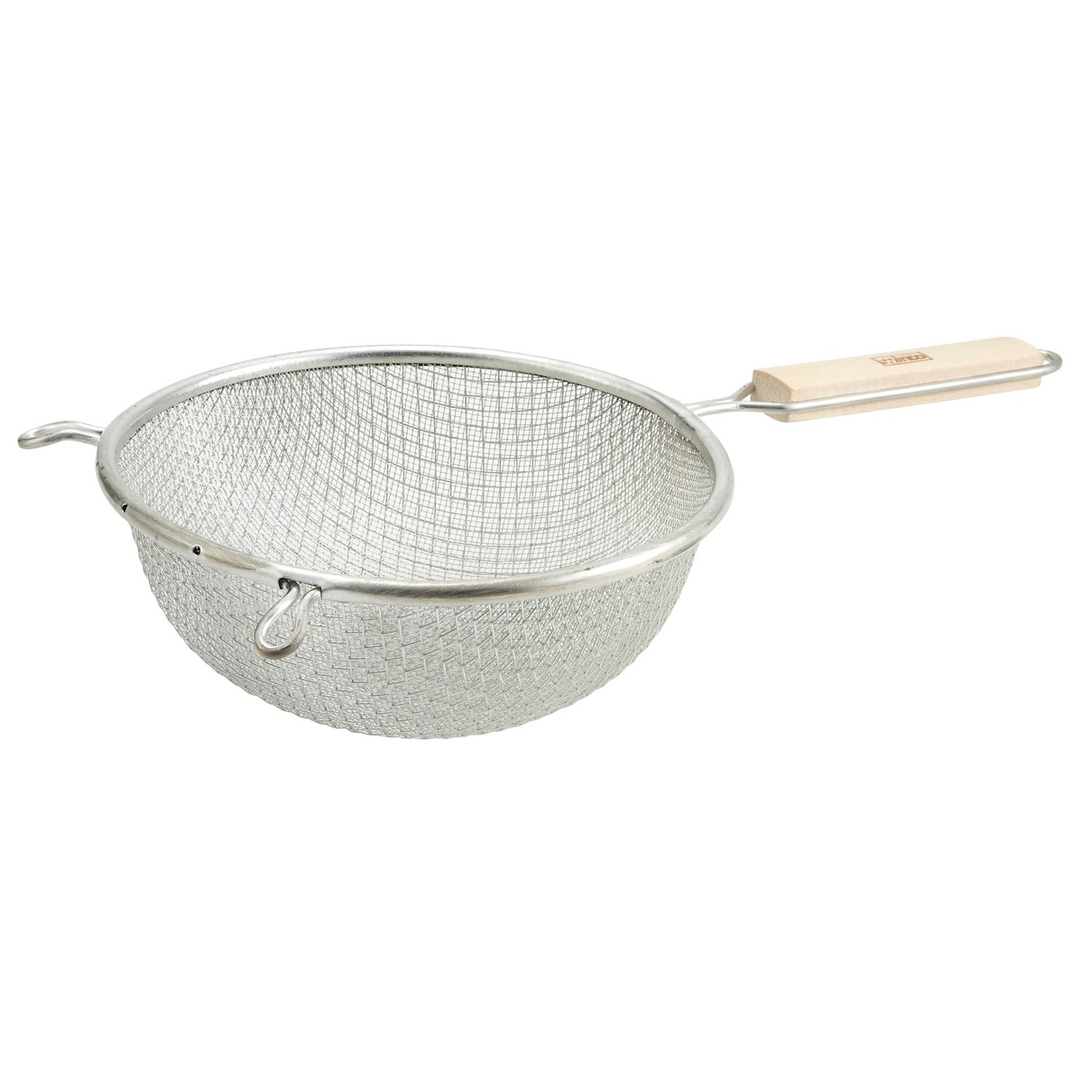 Winco MST-8D 8-inch double medium mesh strainer with tinned bowl and wooden handle on white background