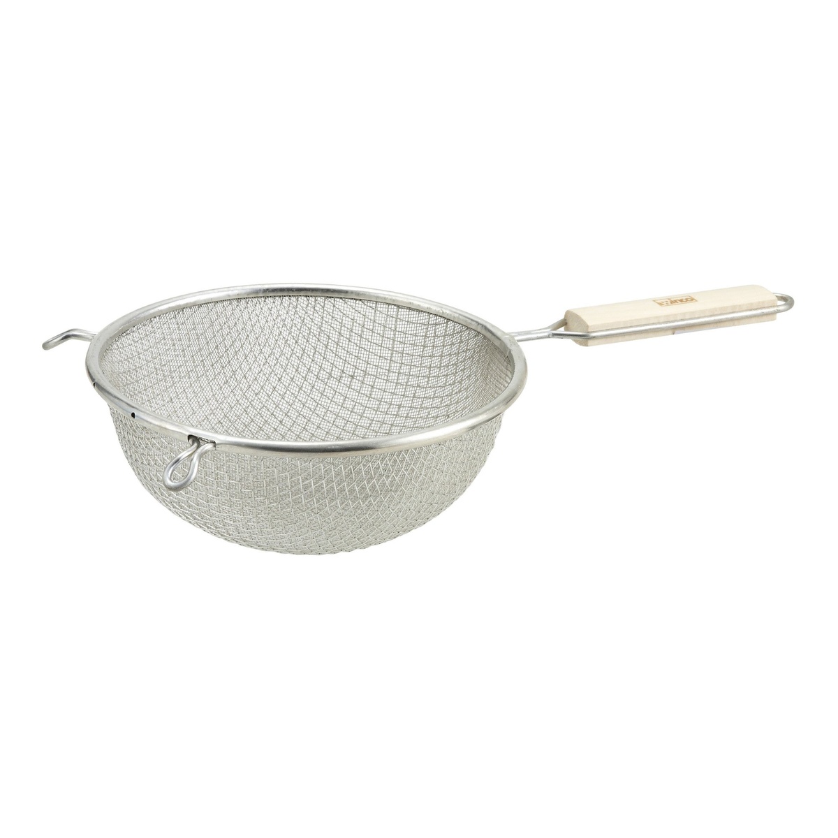 Winco MSTF-6D 6-1/4 inch double fine mesh strainer with wood handle on white background