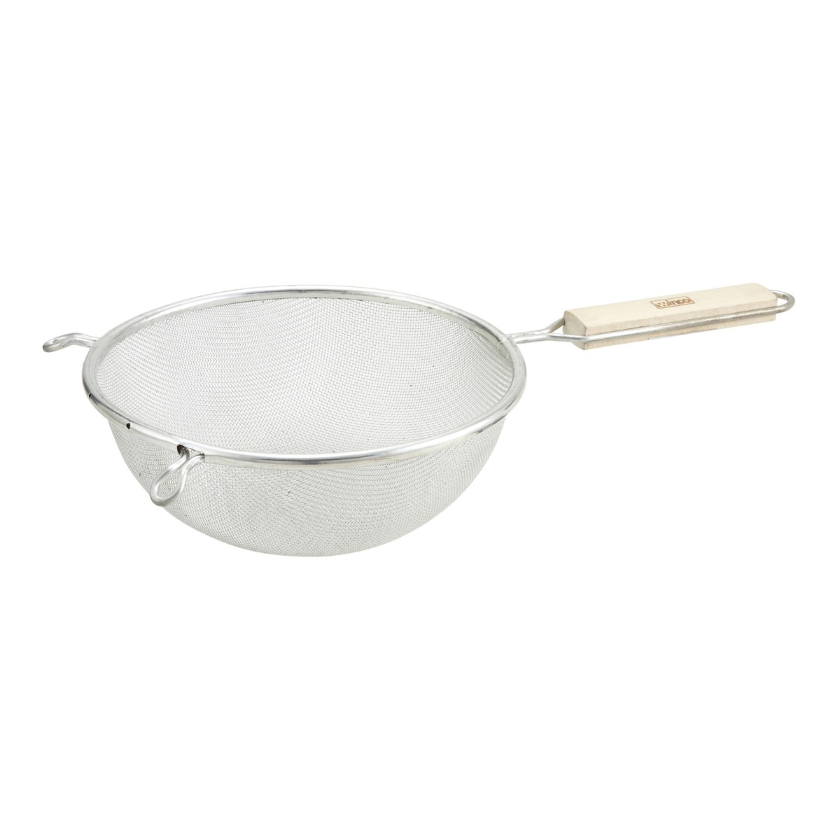 Winco MSTF-8S 8-inch single fine mesh strainer with tin-plated bowl and wood handle on white background