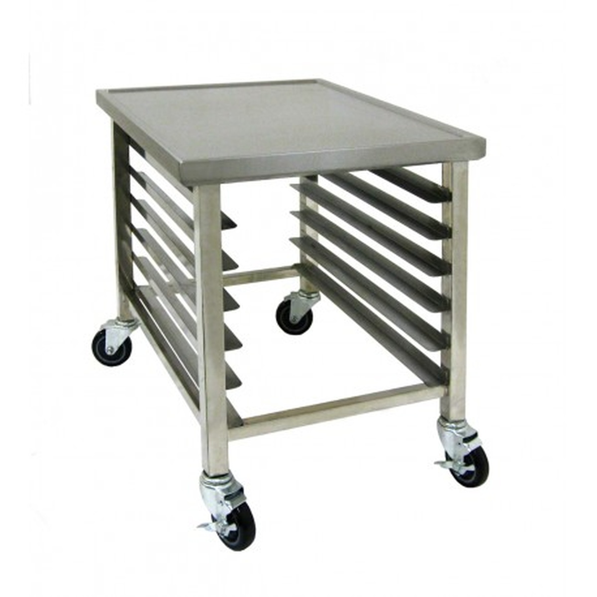 GSW USA MT-M3024 mobile stainless steel mixer stand with 6-pan rack slides and heavy duty casters