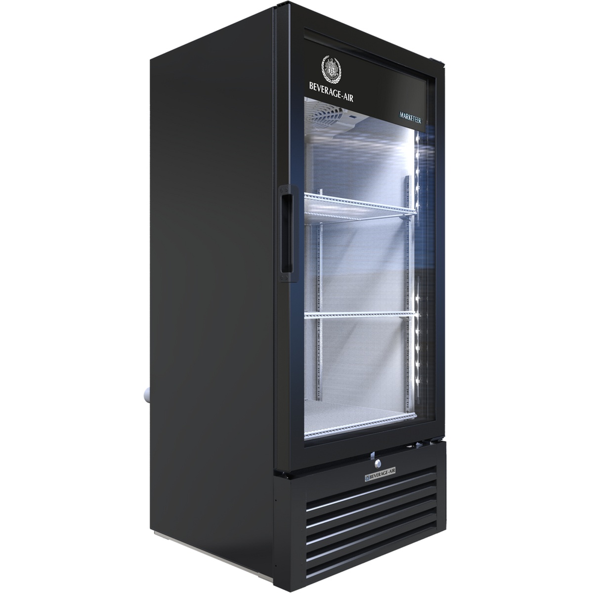 Beverage-Air MT10-1B Marketeer black glass door merchandiser refrigerator with LED-lit interior and three epoxy coated shelves