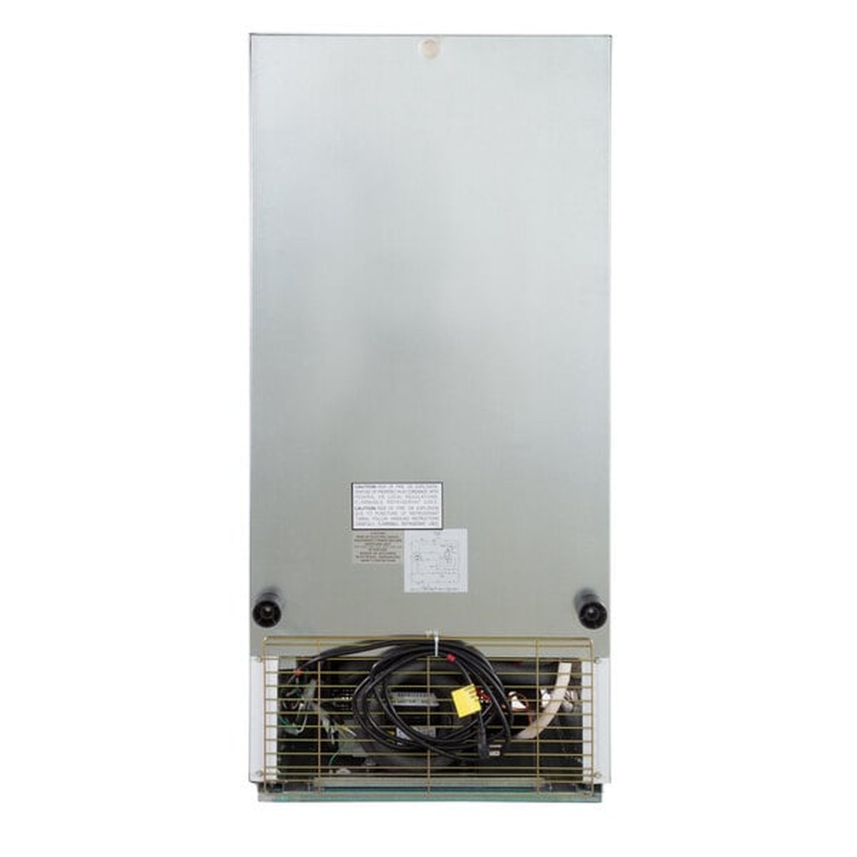 Rear view of Beverage-Air MT10-1W showing bottom-mounted compressor, condenser coils, and electrical components
