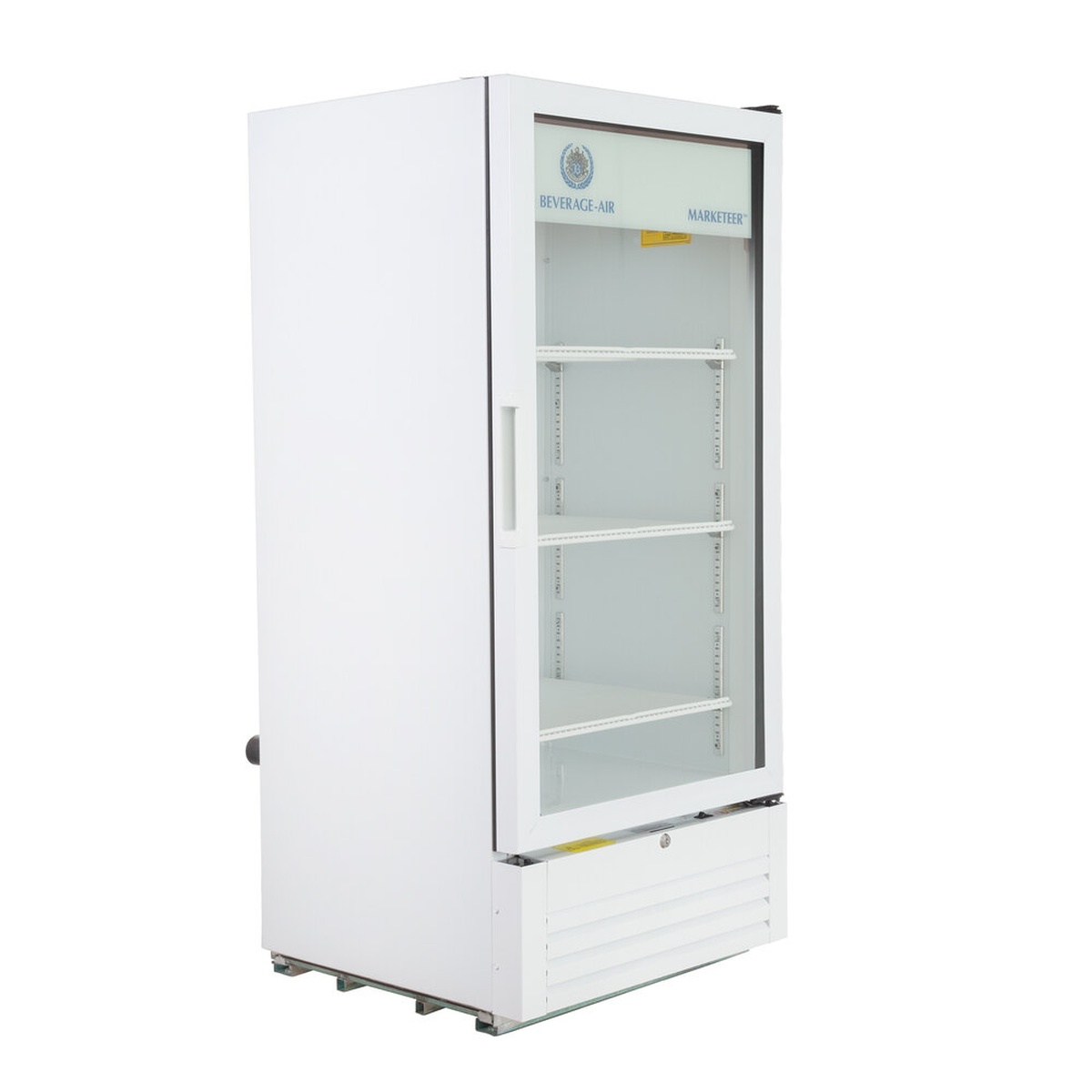 Beverage-Air MT10-1W white glass door merchandiser refrigerator, angled side view showing shelving and bottom-mounted compressor grill