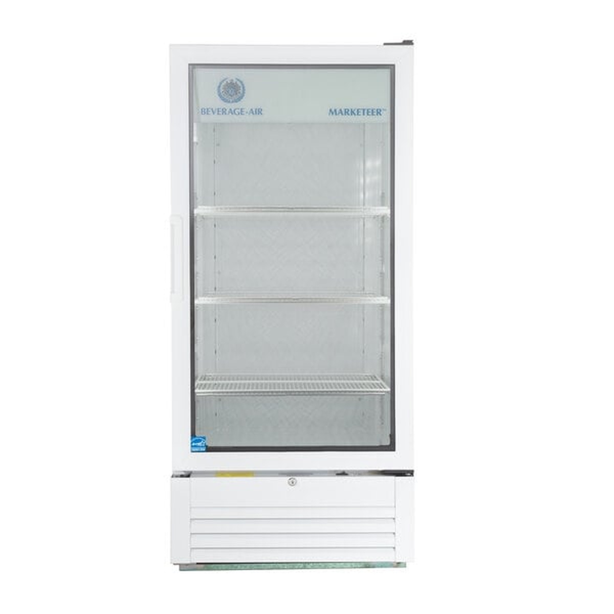 Beverage-Air MT10-1W white merchandiser refrigerator, straight-on front view showing three interior shelves and one-piece grille