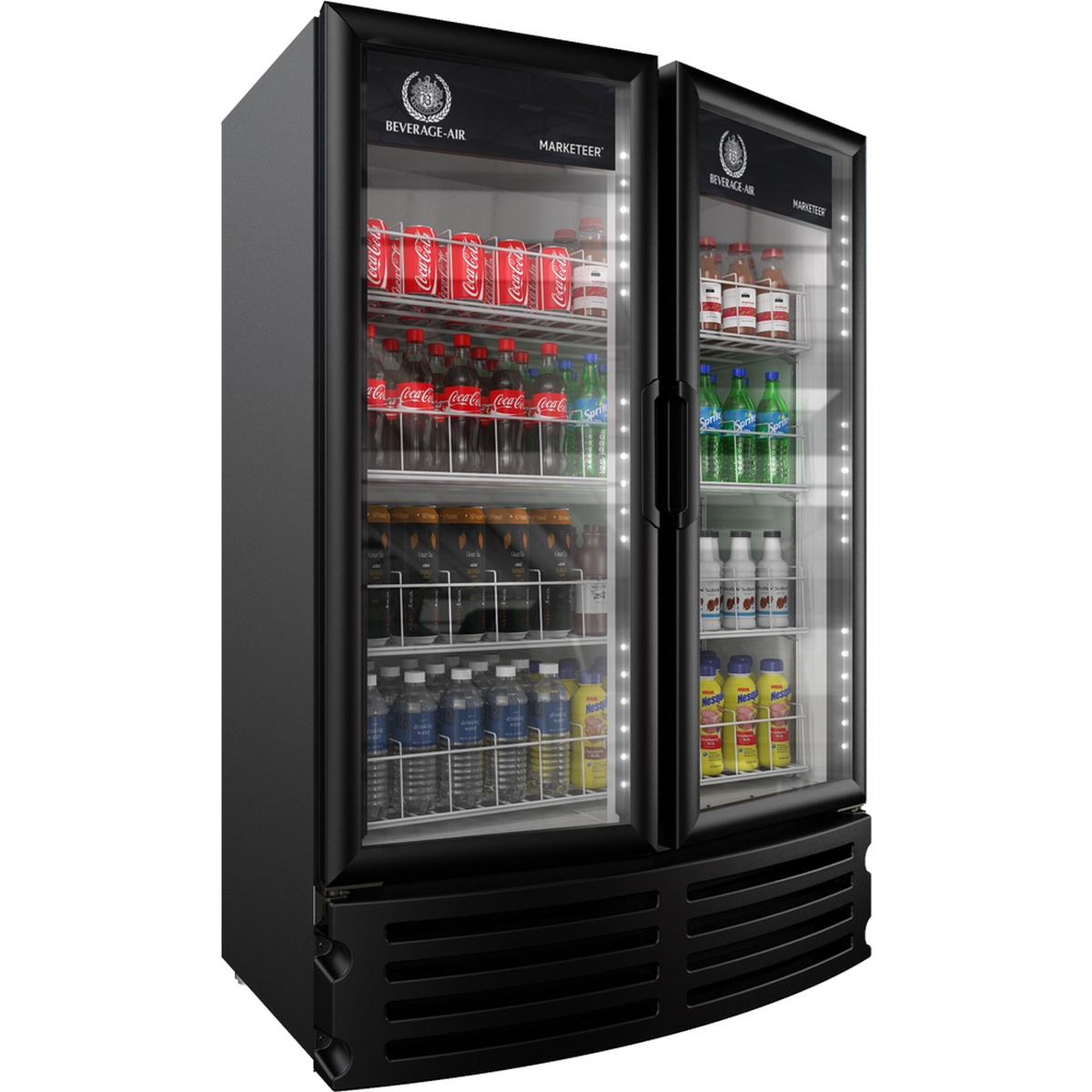 Beverage-Air MT21-1B Marketeer two-door black glass door merchandiser refrigerator stocked with bottled beverages and canned drinks
